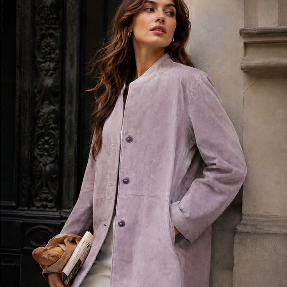dc collection Jackets & Blazers - DC Collection Lavender Suede Collarless Trench Coat